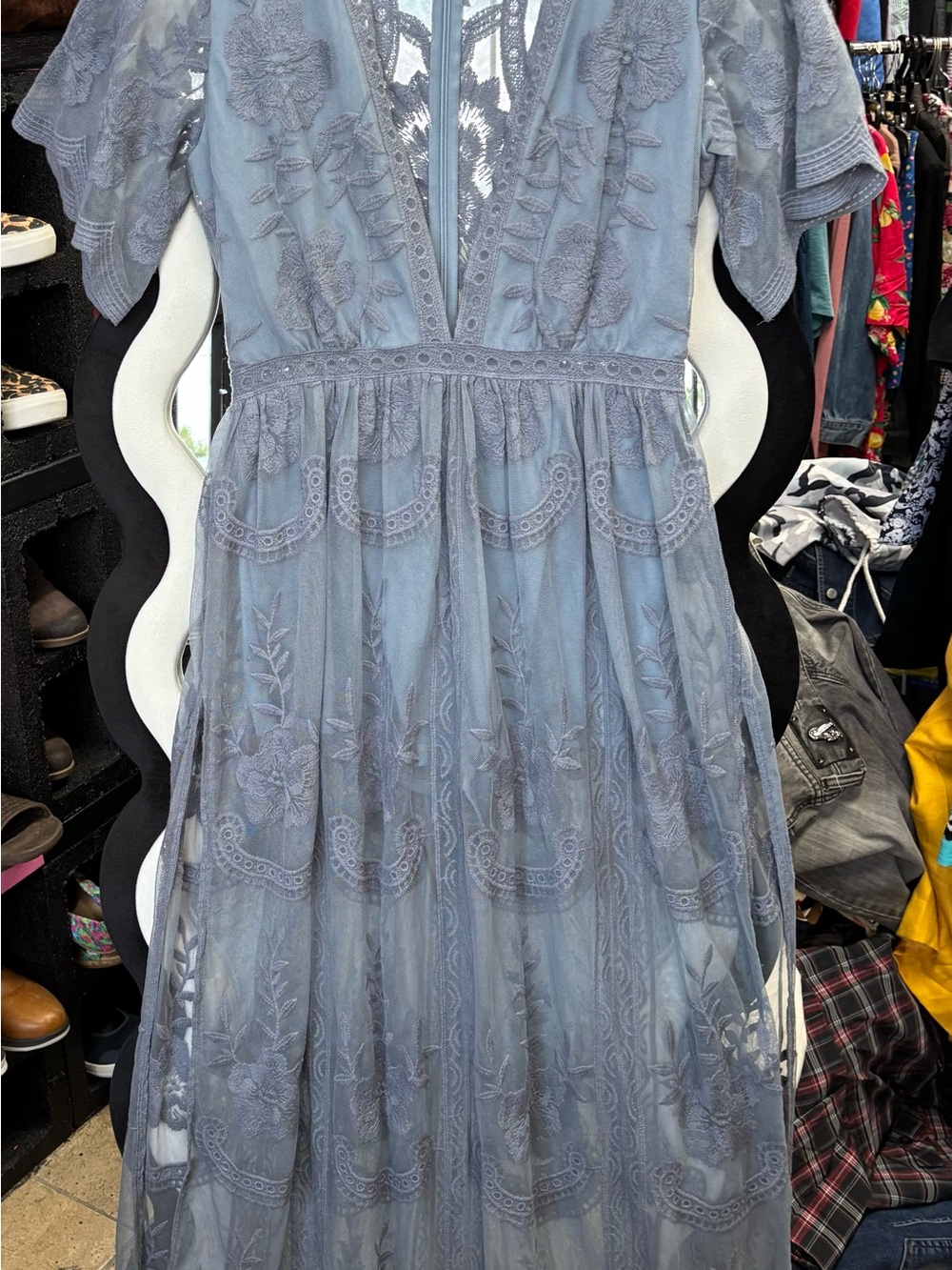Honey Punch Dusty Blue Embroidered Maxi Dress